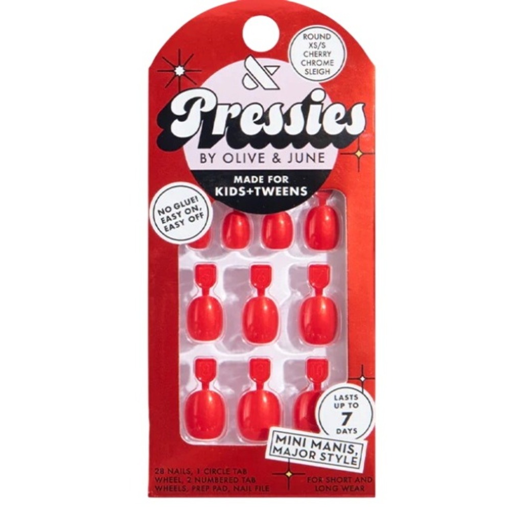 Olive & June Pressies Cherry Chrome Sleigh Round Short Press On Nails KidsTweens